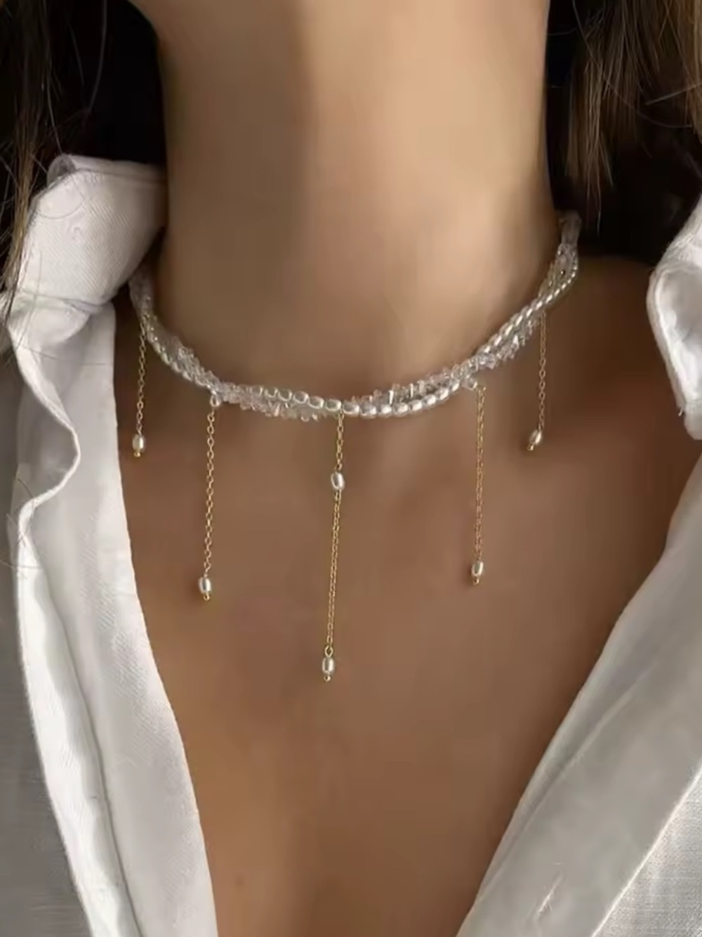 Target White Crystal Beaded Choker with Gold Chain Drops